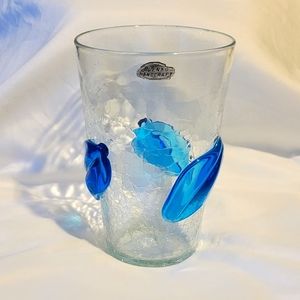Blenko Clear Crackle Glass Vase w/ Applied Blue/Turquoise Leaves. 7.5" × 5"